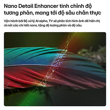 LG NANO 4K UHD AI NU80 with Nano Detail Enhancer shows a feather image, powered by the alpha AI Processor that detects fine textures to enhance contrast and depth and deliver a clearer, more three-dimensional 4K picture.